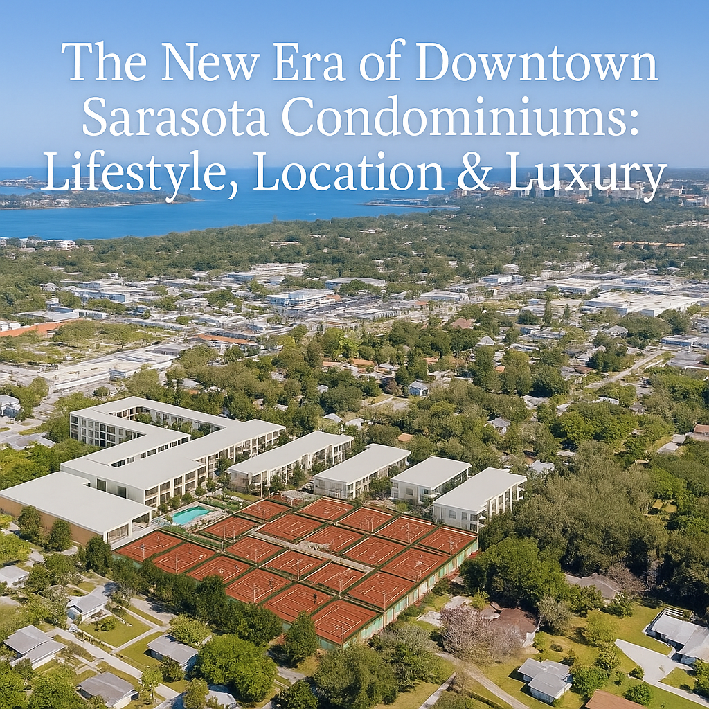 A high-resolution aerial photo of Bath & Racquet Residences in Sarasota, Florida, showcasing modern white buildings, multiple red clay tennis courts, a central pool, and lush green surroundings with Sarasota Bay and downtown skyline visible in the background.
