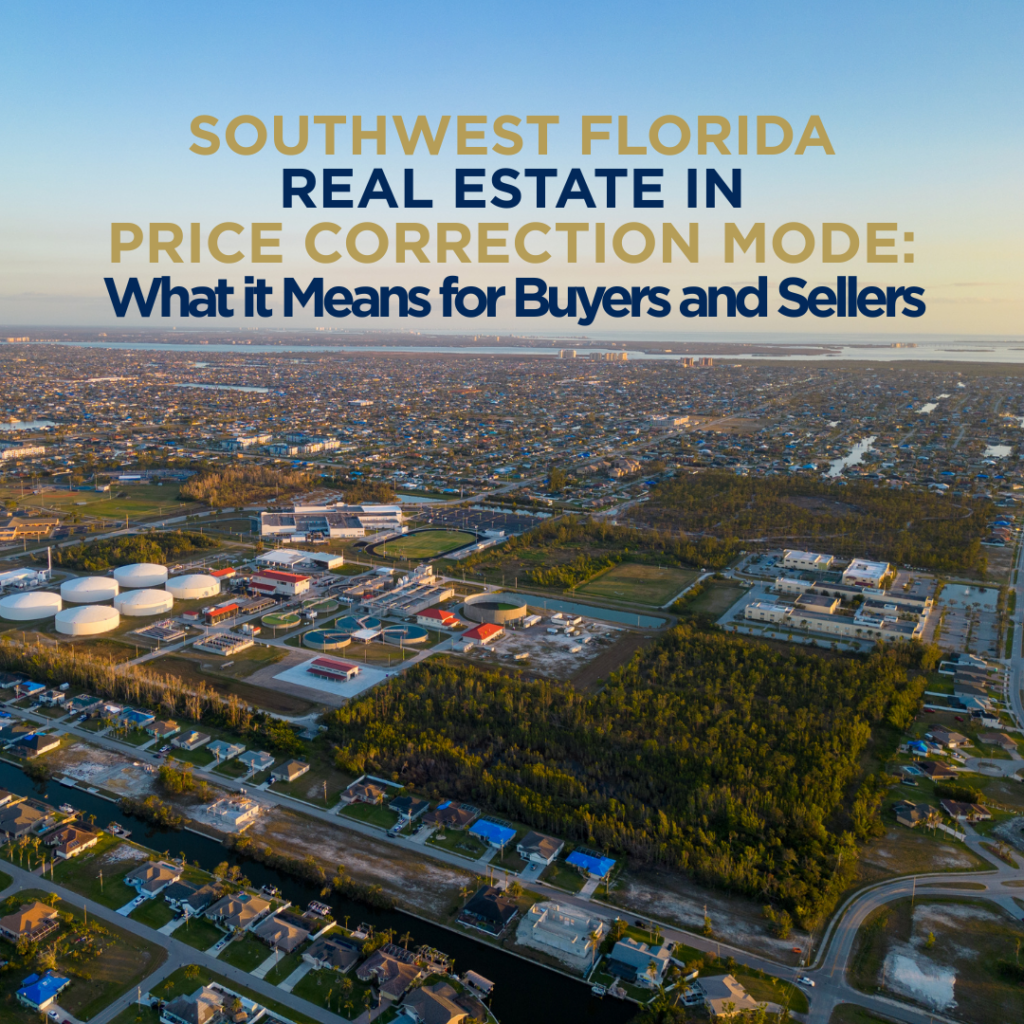 Aerial view of Cape Coral in the Southwest Florida real estate market during an ongoing price correction, showing residential neighborhoods and infrastructure.