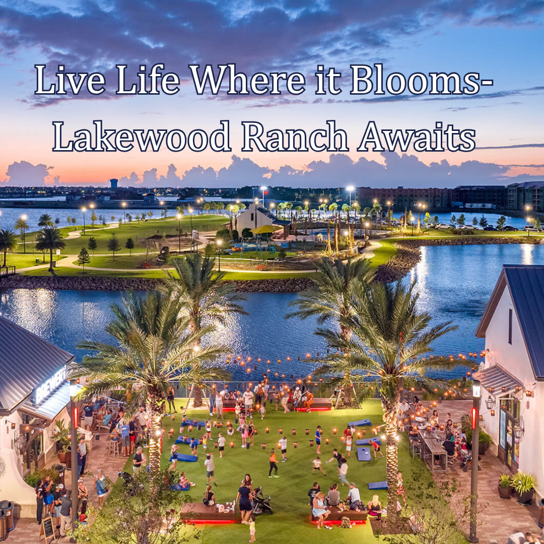 Vibrant evening scene at Waterside Place in Lakewood Ranch, showcasing families enjoying an outdoor event by the lake with palm trees, string lights, and waterfront views, highlighting the lifestyle of the top Lakewood Ranch multigenerational community.