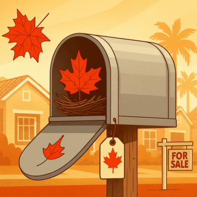 Illustration of a mailbox with red maple leaves and a ‘For Sale’ sign in a sunny Florida neighborhood, symbolizing the decline of Canadian buyers in the U.S. housing market.