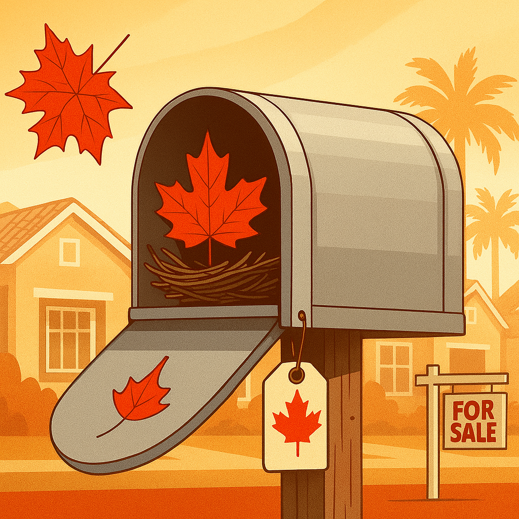 Illustration of a mailbox with red maple leaves and a ‘For Sale’ sign in a sunny Florida neighborhood, symbolizing the decline of Canadian buyers in the U.S. housing market.